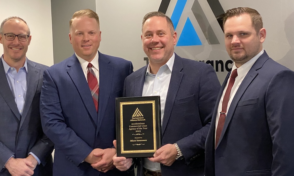 Miers Insurance Receives Prestigious Commercial Lines Agency of the Year Award from The Insurance Alliance Network - Miers Group posing with award